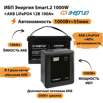 ИБП Энергия Smart.2 1000W + Аккумулятор LiFePO4 12v-100Ah (1000Вт-55мин) - ИБП и АКБ - ИБП Энергия - ИБП на 1 кВА - Магазин электротехнических товаров Проф Ток